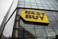 NEW YORK, NY Ã¢â¬â January 29 2010: Best Buy logo sign hanging outside store front in Union Square New York location